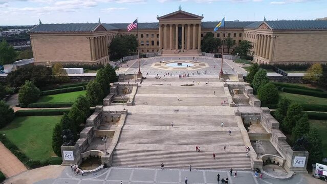 Philadelphia Museum of Art and Rocky Steps. Pennsylvania. Bright Sunny Day People Are Running on the Stairs. Drone