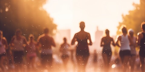 Defocused bokeh effect positive concept background of unrecognizable people enjoying healthy lifstyle exercising fitness outside, generative ai