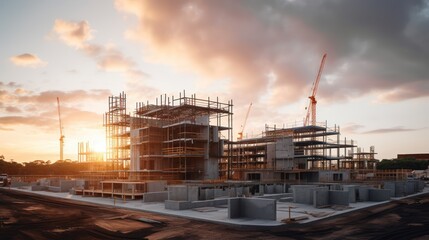 Fototapeta premium Construction background: A Construction site of large residential commercial building, some already built, large metal structure with bright sky background.