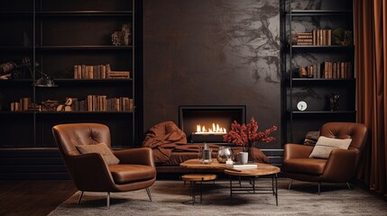 A dark brown wall with a rich leather-like texture, adding warmth and a sense of coziness to the room.