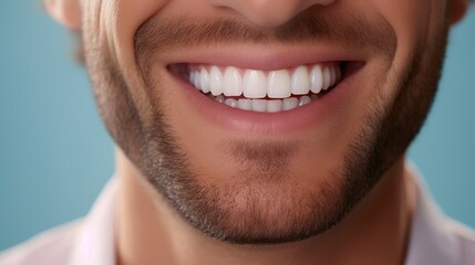 Obraz na płótnie Canvas Beautiful man's smile with healthy white, straight teeth close-up on one tone background with space for text