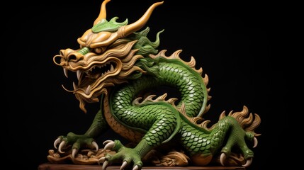 Obraz premium A Powerful green carved wooden dragon terrifying Chinese wood carving art Chinese New Year 2024 concept New Year greeting card background.