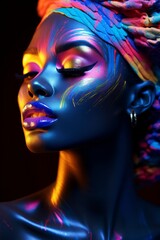 Fototapeta premium Multicoloured Bioluminescent Paint and Makeup Adorns a Beautiful Black Woman's Face. Colourful Paint and Makeup Transforms an African American Woman's Face into Stunning Work of Art.