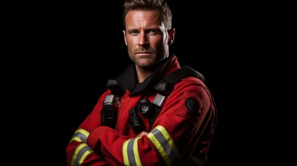 A Professional firefighter with arms folded looking at camera, side view, half body shot, black isolated background, - obrazy, fototapety, plakaty