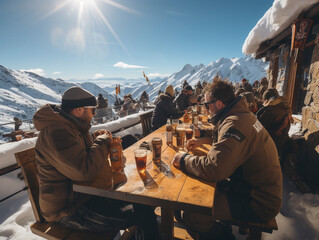Skiers sit on the terrace of a mountain hut in the snow after a ski tour, Ai generated - obrazy, fototapety, plakaty