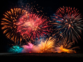 Fototapeta na wymiar Multiple colorful fireworks on black isolated background, AI Generative