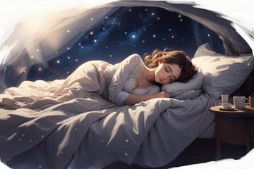 Woman sleeping comfortably in bed covered with duvet at night full of stars - obrazy, fototapety, plakaty