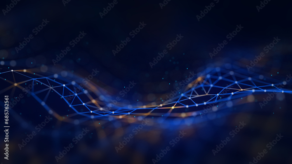 Poster abstract technology wave with dots and lines. flow of particles. big data transfer visualization. 3d