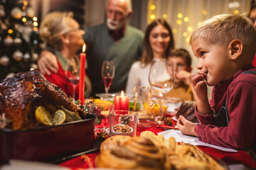 Tasty turkey on the dining table. Family Christmas dinner.