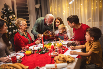 Tasty turkey on the dining table. Family Christmas dinner.