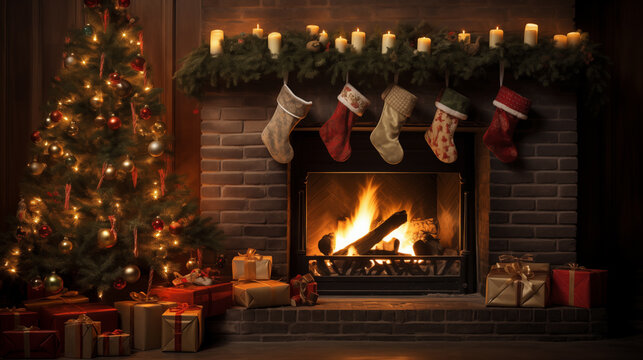 fireplace with xmas tree and gifts and xmas socks