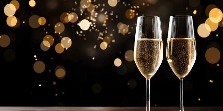 Champagnergl&auml;ser oder Sektkl&auml;ser f&uuml;r festliche Anl&auml;sse mit goldenem, funkelndem Bokeh-Hintergrund. Gl&auml;ser mit Sekt vor zarten hellen Gold Bokeh. Hintergrund f&uuml;r Feiern und Einladungskarten mit Platz