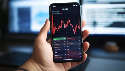 Fototapeta na wymiar Close up of hand holding smartphone with stock chart trading interface on blur background, Stock Market Exchange Trading Forex Investment Concept. Graphic interface showing stock market financial anal