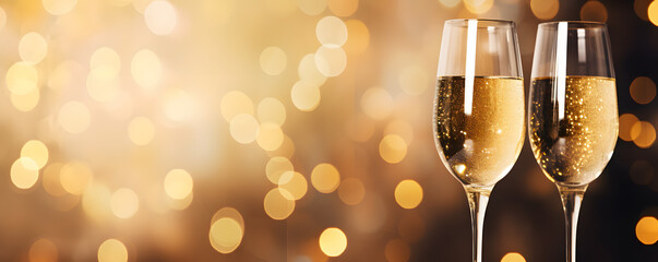 Champagnergläser oder Sektkläser für festliche Anlässe mit goldenem, funkelndem Bokeh-Hintergrund. Gläser mit Sekt vor zarten hellen Gold Bokeh. Hintergrund für Feiern und Einladungskarten mit Platz - obrazy, fototapety, plakaty