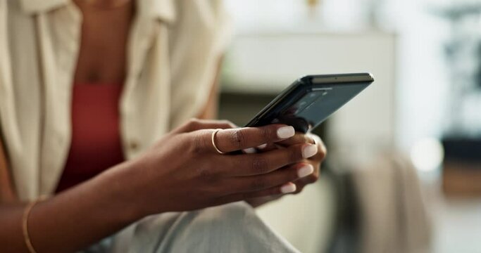 Hands, phone chat or woman on sofa in communication in home or house living room to relax alone. Social media, scroll or closeup of person texting or reading online gossip on a mobile app discussion