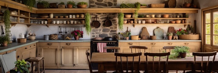 Cozy farmhouse style kitchen interior, room filled with all sorts of appliances and details rustic kitchen, banner