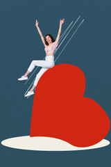 Collage 3d image of pinup pop retro sketch of sliding big heart funny girl valentine day dating...