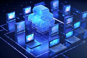 Cloud computing and the idea of data storage Idea of data and information exchange using cloud computing and the internet. File transfer protocol, or FTP, file recipient. - obrazy, fototapety, plakaty