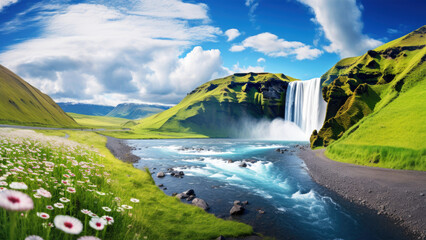 Beautiful landscape of Skogafoss waterfall in Iceland, Europe - obrazy, fototapety, plakaty