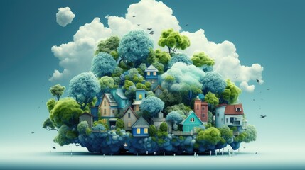 A fictional flying city made of trees and houses, clouds.