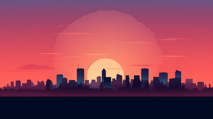 Naklejka premium Silhouette of a city skyline against a gradient sunset, creating a minimalist landscape.