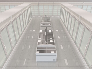Supermarket or grocery store frozen section or frozen food space with numerous empty shelves of Refrigerated Display Cases, and empty island freezers. 3d rendering illustration.