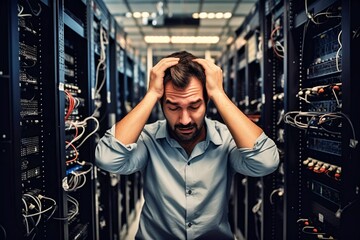 event of a system failure in the network server room and shocked engineer put his hands on his head - obrazy, fototapety, plakaty