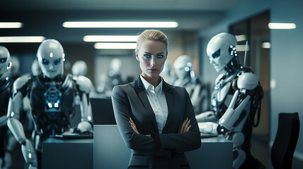 An elegant serious business-woman posing in a futuristic office full of androids.