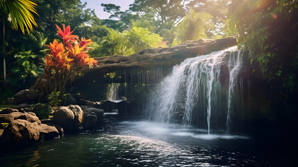Stunning rainbow arching over a cascading waterfall in a tropical setting.