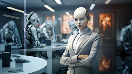A half-woman cybernetic android posing in a futuristic office.