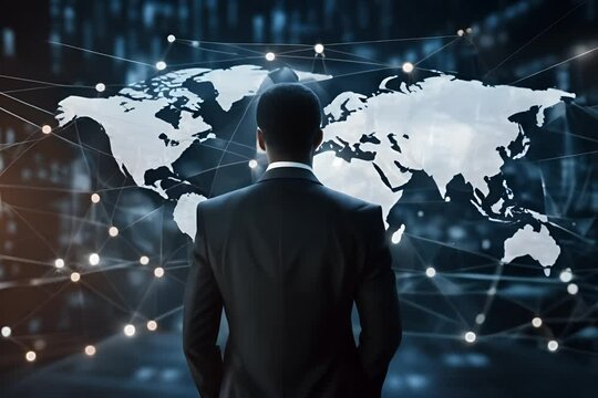businessman from behind looking at a digital world map with connecting network lines, symbolizing global business connectivity.
