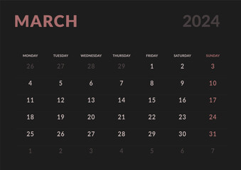 Monthly page Calendar Planner Templates of March 2024. Vector layout of simple calendar with week start Monday for print. Page for size A4 or 21x29.7 cm in dark color