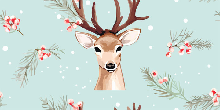 Deer head with berry. Seamless pattern with cute funny character. Winter holidays background for printing on fabric and paper. Endless wallpaper with wild animal. Vector illustration