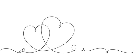 One Continuous line drawing of two hearts with love signs. Thin curls and romantic symbols in simple linear style. . Minimalistic Doodle vector illustration