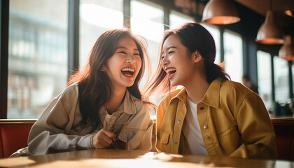 Two millennial girl friends at home on the sofa talking, drinking coffee, discussing. Diverse friends spending fun time together and laughing, chat and talk. Asian and Caucasian model. - obrazy, fototapety, plakaty