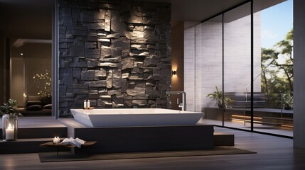 a contemporary home spa with a luxurious bathtub soothing lighting and natural stone accents for a relaxing retreat