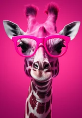 Gordijnen a giraffe wearing pink glasses © ion