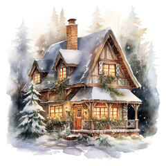 watercolor of a house with a snow. AI generated image