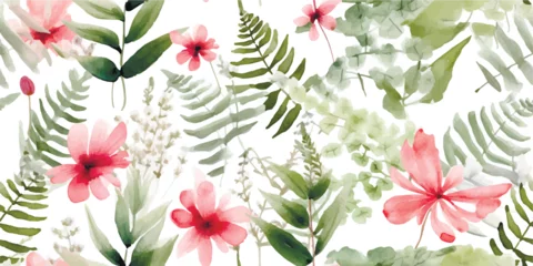  Seamless floral pattern with tropical leaves and pink flowers, leaves, ferns, watercolor print. Modern exotic jungle plants illustration, contemporary Fashionable template © Eli Berr