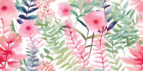 Seamless floral pattern with tropical leaves and pink flowers, leaves, ferns, watercolor print. Modern exotic jungle plants illustration, contemporary Fashionable template