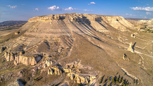 Panoramic view of fairy chimneys in Goreme Historical National Park. Goreme National Park and Rock Sites of Cappadocia, Central Anatolia, Nevsehir Province, Turkey. drone view. Ariel from above, top