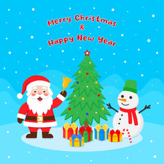 Cute Santa Claus with gifts and Snowman. Merry Christmas and New Year design. Color vector illustration in cartoon flat style.