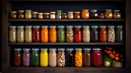 A fully stocked pantry with neatly arranged shelves showcasing a variety of colorful spices, grains, and canned goods.