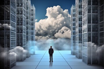 A businessman engineer with a 3D network server room and cloud within and going outside in the air 3d