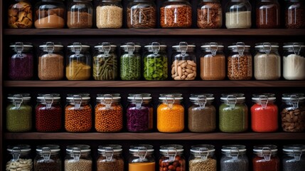 A fully stocked pantry with neatly arranged shelves showcasing a variety of colorful spices, grains, and canned goods. - obrazy, fototapety, plakaty