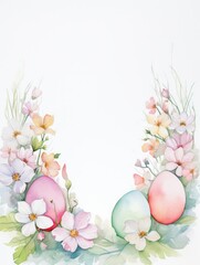 White background in a frame of flowers and Easter eggs. Watercolor. Copy space