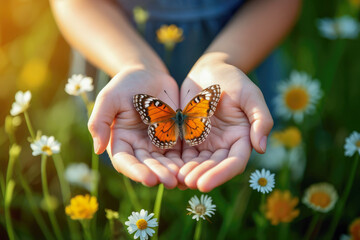 Children's hands hold a beautiful butterfly. A girl holds a butterfly in her palms in a chamomile field