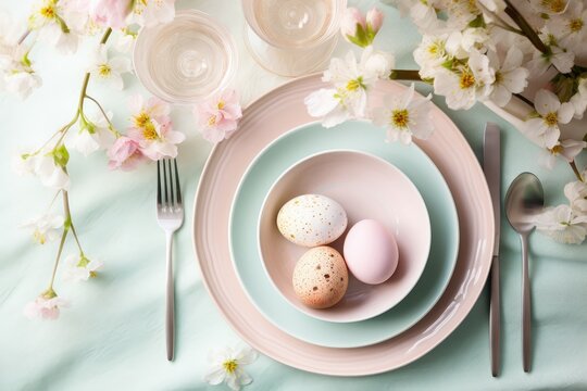 Dinner table set for Easter celebration. Table decorated with blossoming cherry branches and colored eggs for Easter