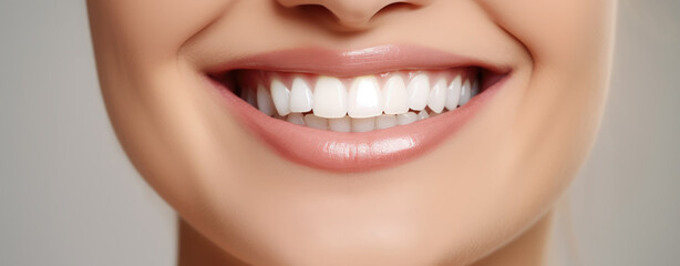 Obraz premium Banner of Beautiful woman's smile with healthy white, straight teeth close-up on one tone background with space for text