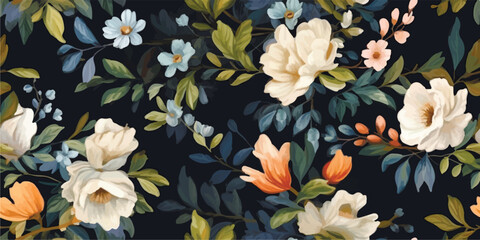 Vintage floral seamless pattern. Vector illustration of flowers, plants and leaves on black background for pattern or poster.